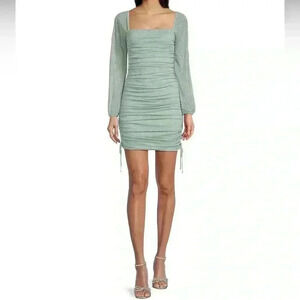 Jump Apparel Glitter Square Neck Ruched Long Sleeve W/ Ties At Hemline Dress M